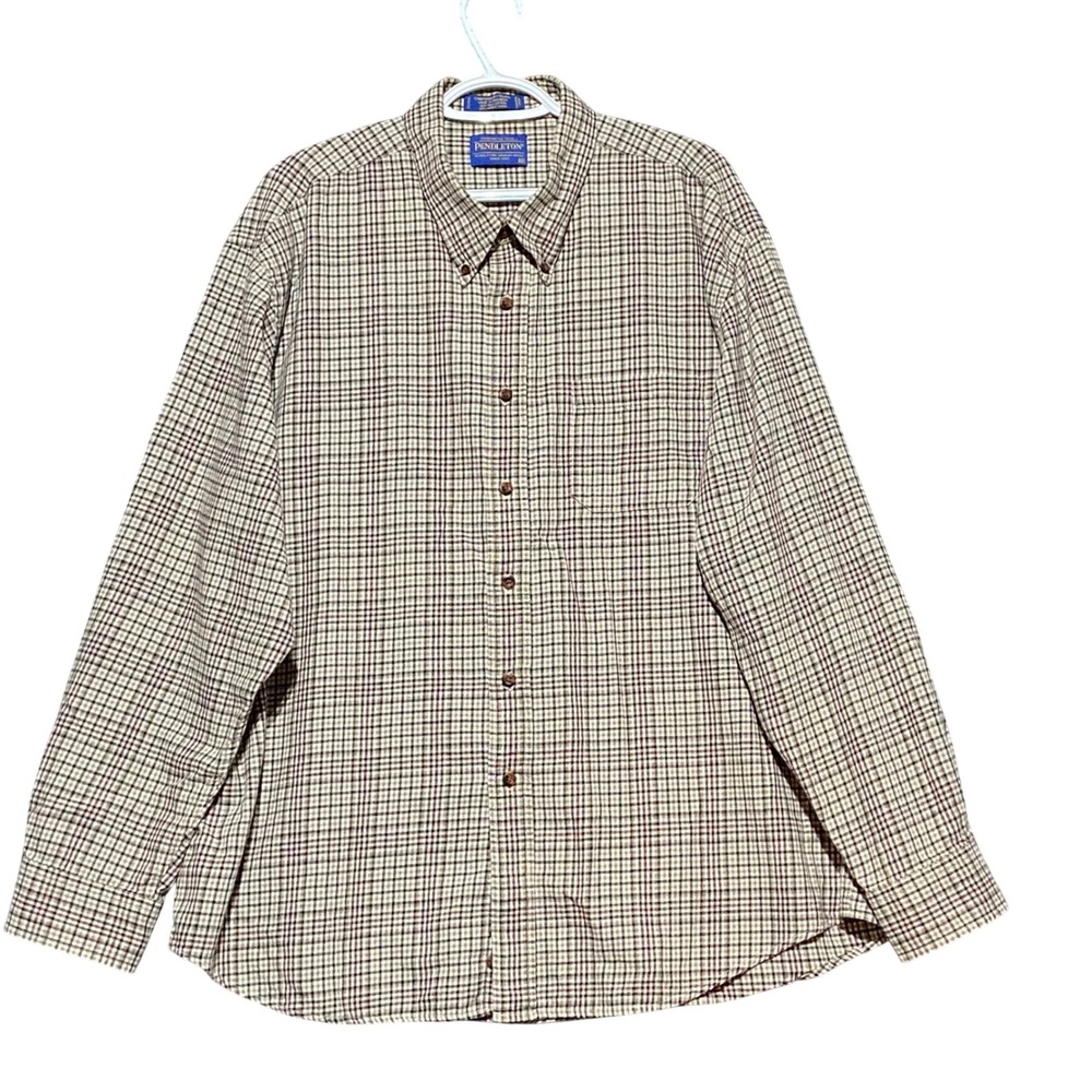 Pendleton Mens XXL‎ Canterbury Cloth Pima Cotton Merino Wool Plaid Shirt Tan